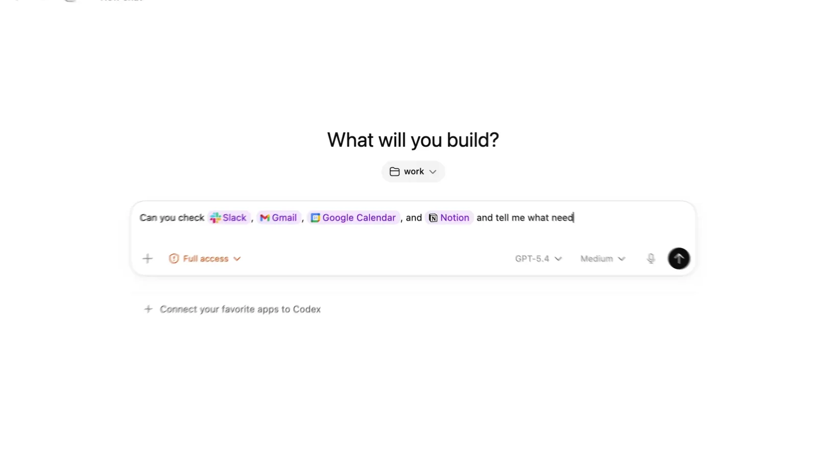 Official OpenAI demonstration still showing Codex connected to Slack, Gmail, Google Calendar and Notion