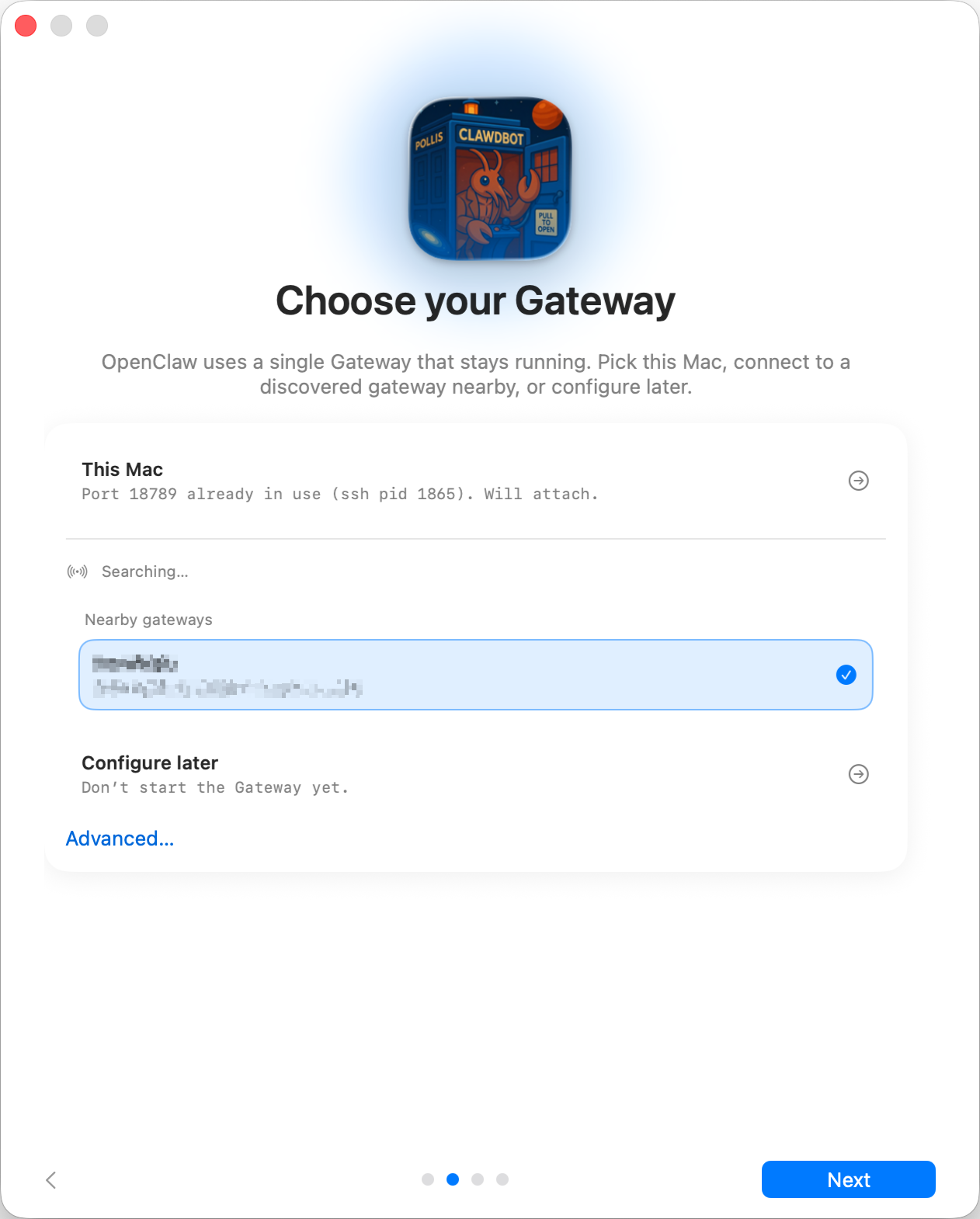 Official OpenClaw documentation screenshot of the Choose your Gateway onboarding screen